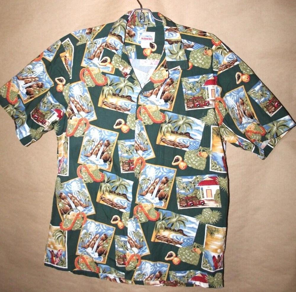 Hawaii Shirt Mens L Green Rayon Button Up Short Sleeve Pockets Relaxed USA